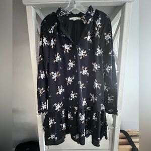 LOFT Navy Floral Long Sleeve Tiered Tunic Dress